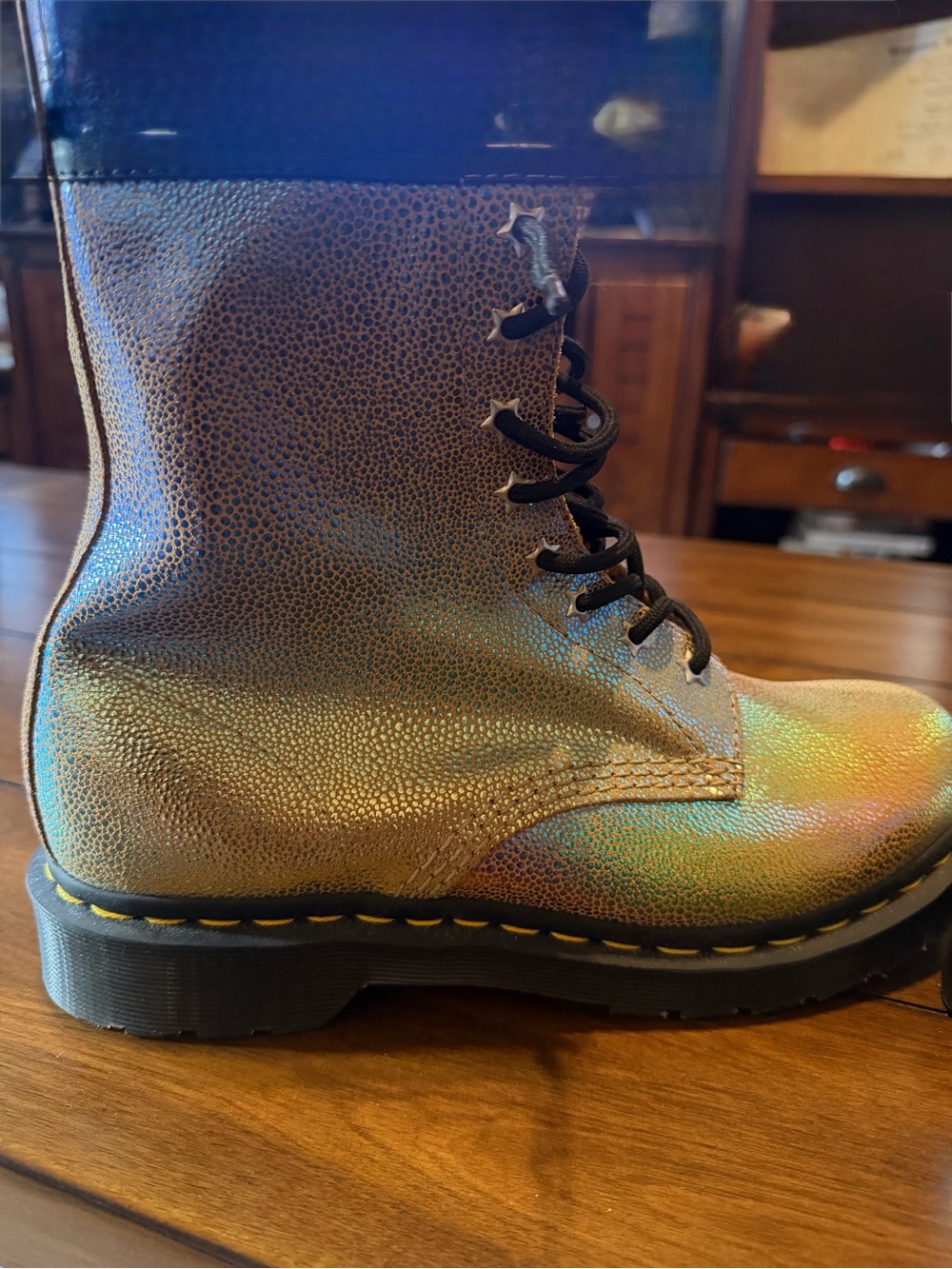 Dr. Martens Iridescent Gold Lace-Up Combat Boots with Yellow Stitching - Picture 2 of 7